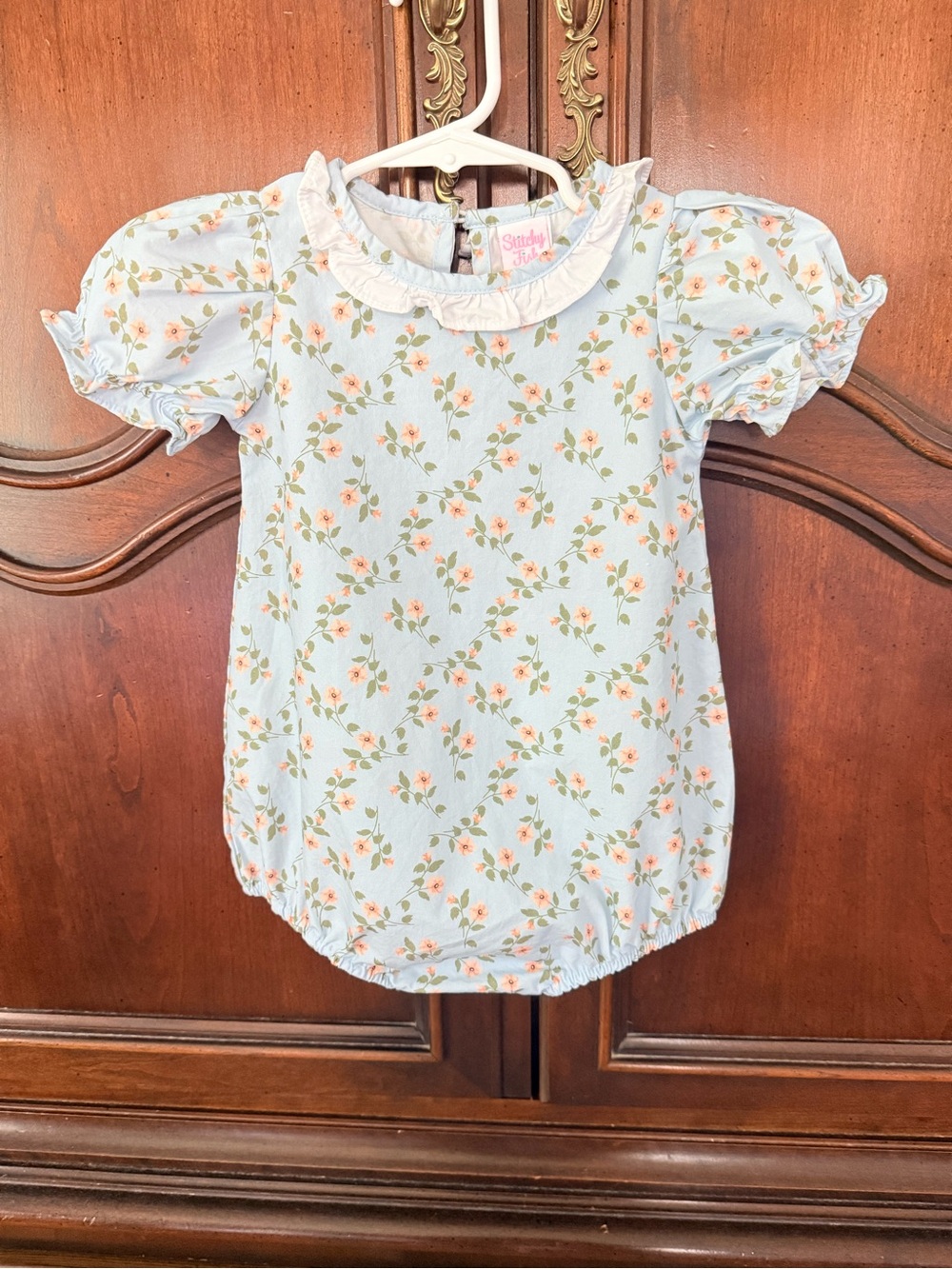 Stitchy Fish Girls 18M Blue Floral Ruffle Collar Bubble Romper